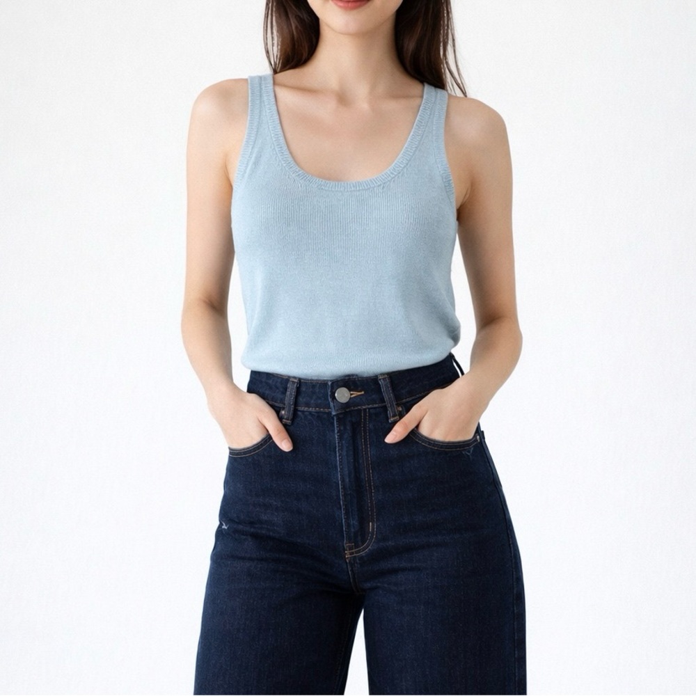 Belford Pure Silk Knit Sky Blue Scoop Chloe Neck Relaxed Pullover Tank Top S